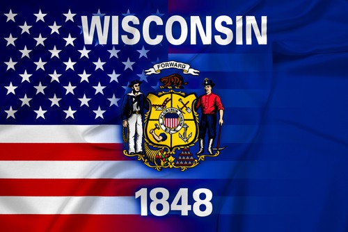 US-Wisconsin Flags Composite for article on Wisconsin Pandemic Relief Grants. Old School Business