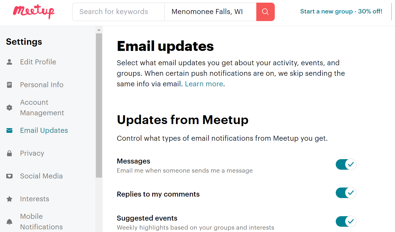 Meetup email notification settings