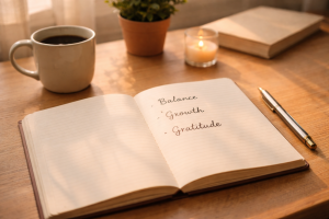 Happy New Year 2026: Embracing Fresh Starts Across Every Corner of Your Life 11 Happy New Year 2026 open notebook with handwritten words balance, growth, and gratitude in soft natural light