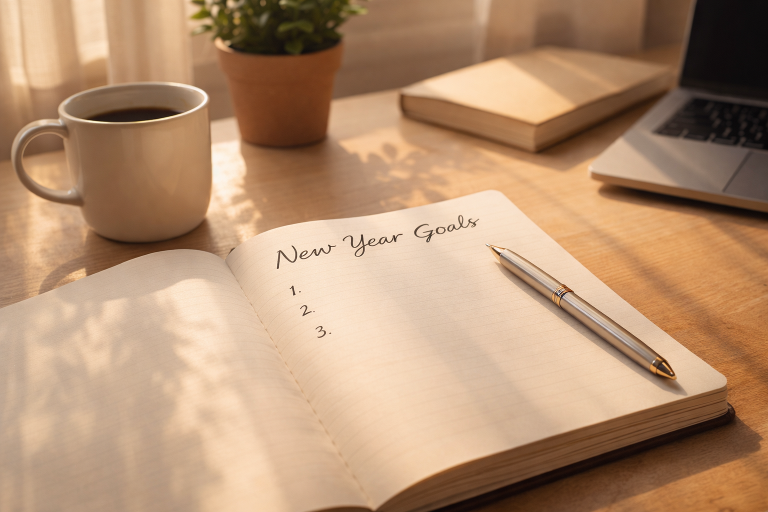 Happy New Year 2026: Embracing Fresh Starts Across Every Corner of Your Life 8 Happy New Year 2026 notebook on a desk with handwritten goals, coffee nearby, and soft natural morning light
