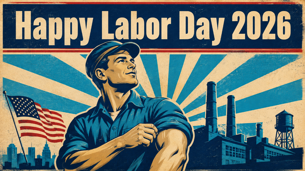 Home 1 Happy Labor Day 2026 vintage poster of an American worker rolling up his sleeve with a factory and flag